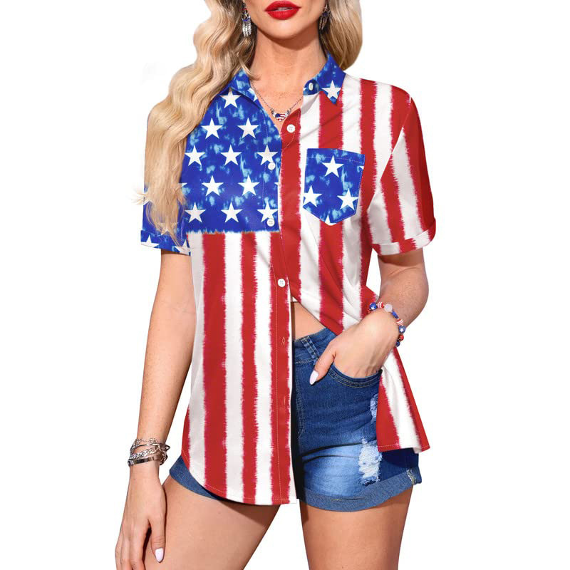 Patriotic Button Down Shirt America Flag Graphic T-Shirt Short Sleeve Clothes